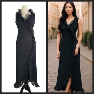 Vintage Black V-neck Ruffled Maxi Formal Dress Size 10 Goth Witch Vamp Sexy Glam